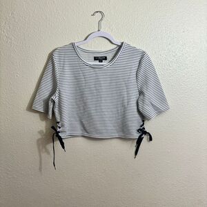 Navy Blue & White Striped Crop Top – Size Large (Fits Like Small)